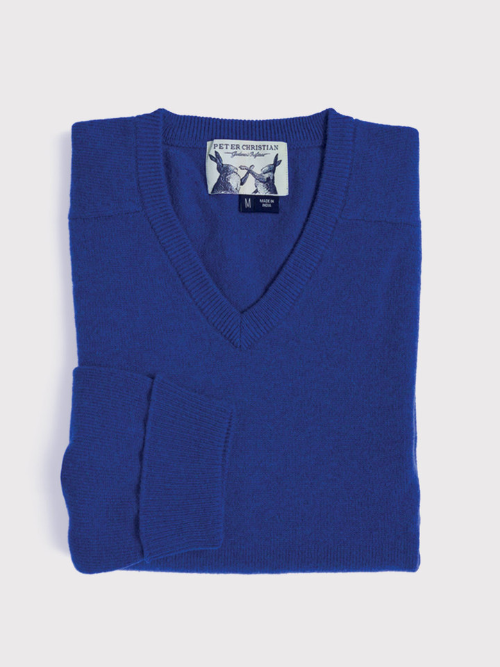 Blue Lambswool V-Neck Sweater Folded