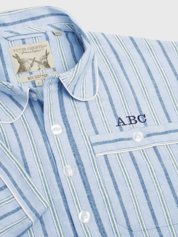 Mens Blue & Green Stripe Flannel Nightshirt with Monogramming