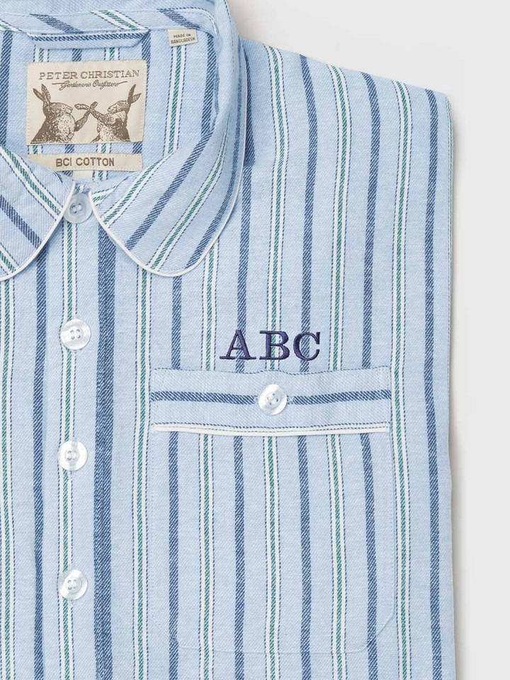 Mens Blue & Green Stripe Flannel Nightshirt with Monogramming