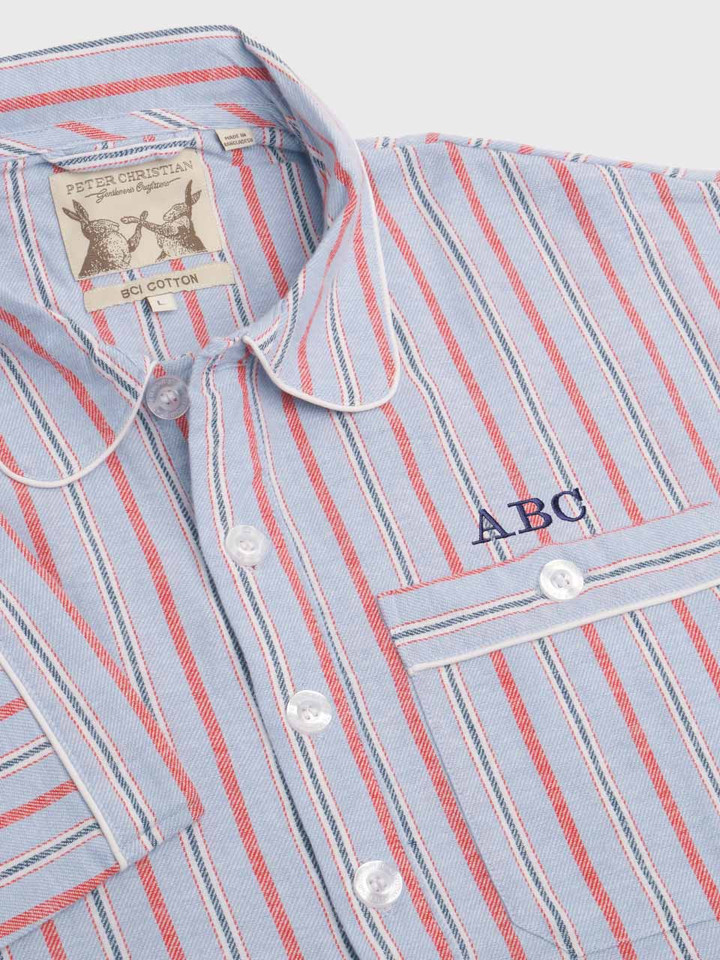 Mens Blue & Red Stripe Flannel Nightshirt with Monogramming