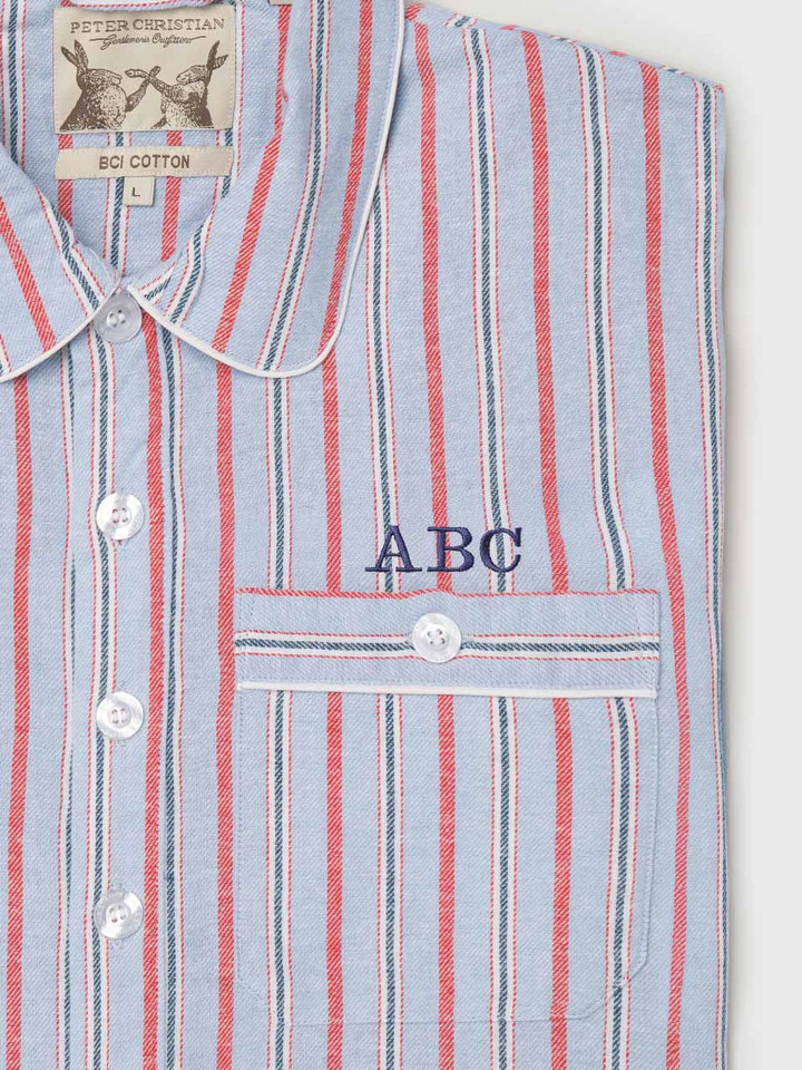 Mens Blue & Red Stripe Flannel Nightshirt with Monogramming