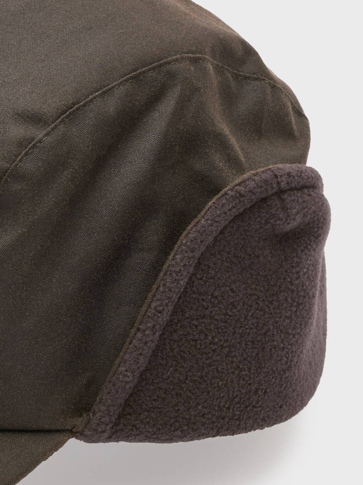 Olive Wax Lumber Cap With Fleece Ear Flaps Close Up