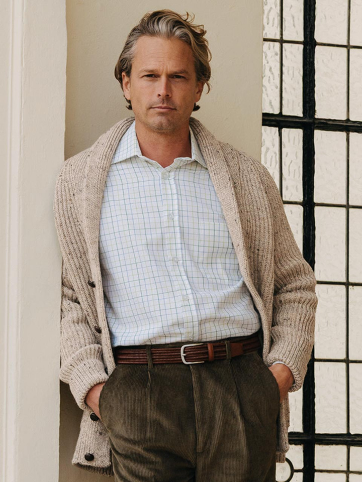 Oat Shawl Neck Cardigan On Model