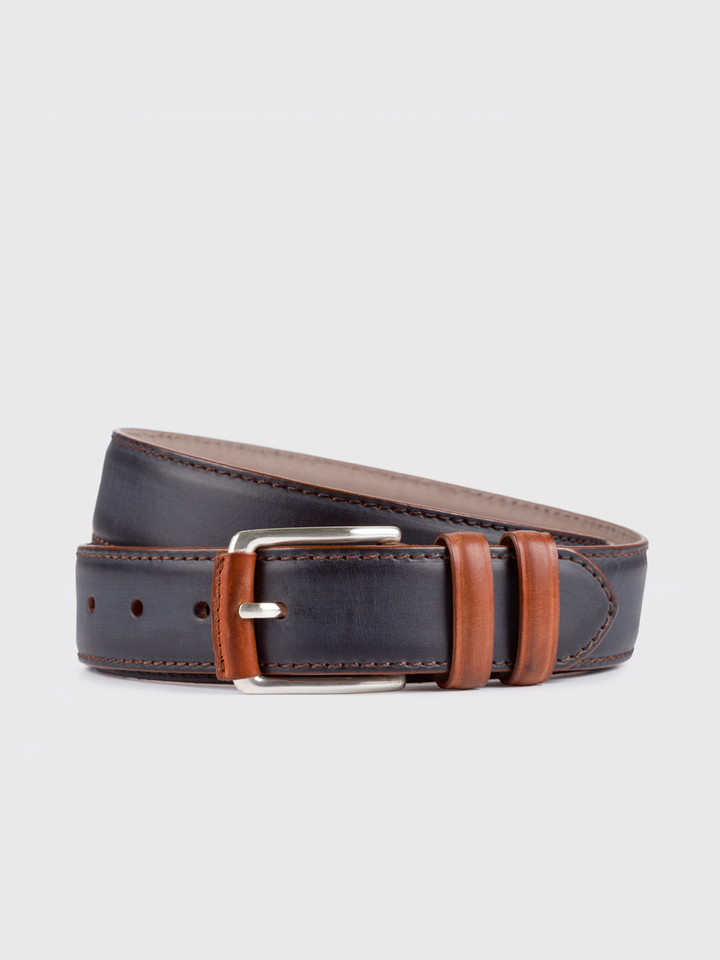 Mens Black & Tan Madrid Leather Belt Rolled