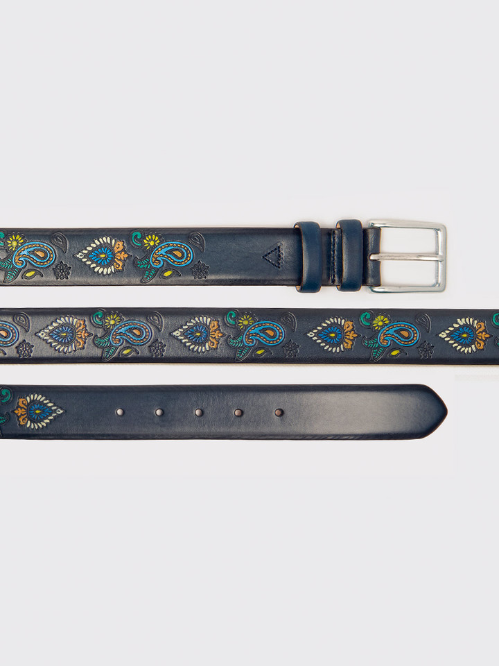 Mens Navy Paisley Hand Painted Leather Belt