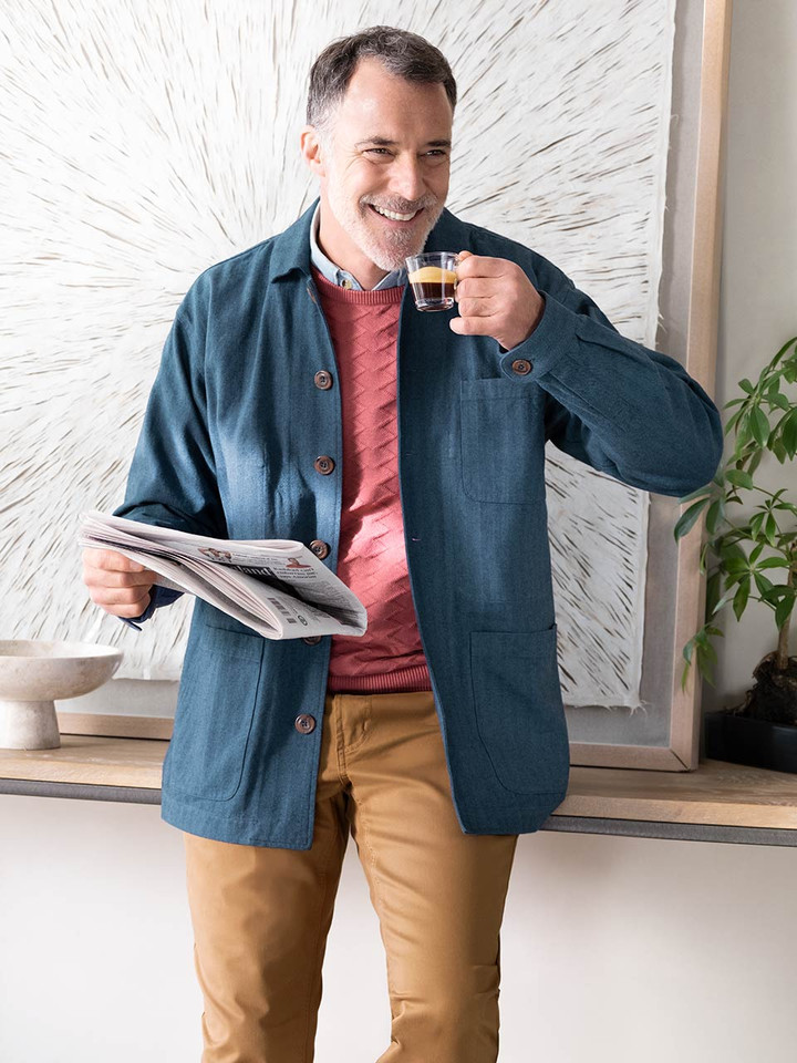 Men's Blue Herringbone Chore Jacket Model