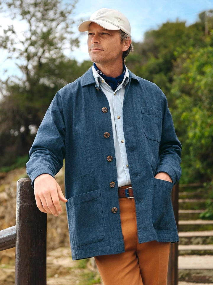 Men's Blue Herringbone Chore Jacket Model