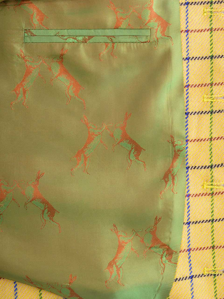 Men's Gold Yellow Tattersall Check Wool and Silk Vest - Inside Pocket Detail