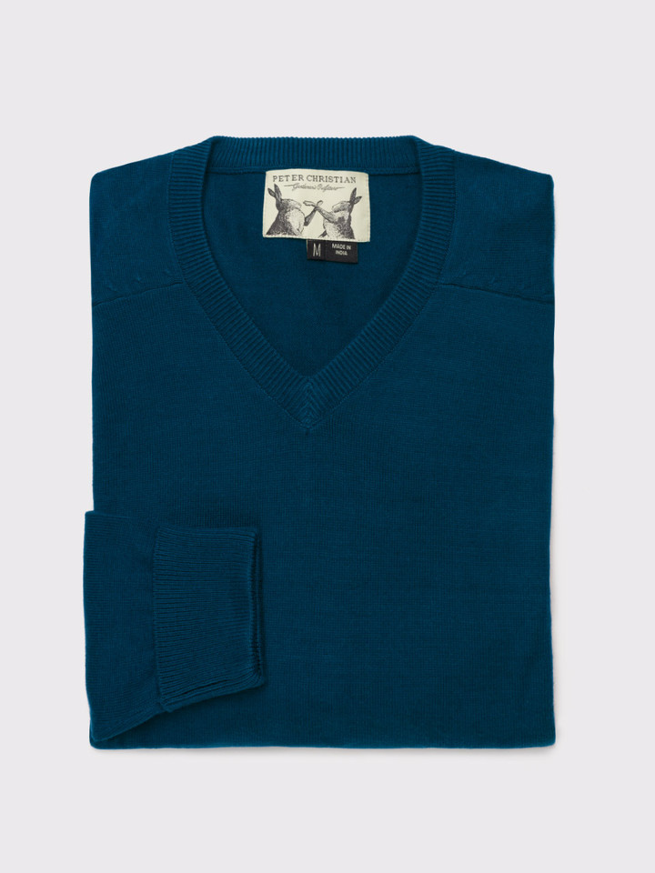 Men's Navy Blue Cotton V Neck Sweater Folded