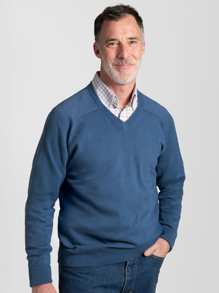 Men's Blue Cotton V Neck Jumper on model