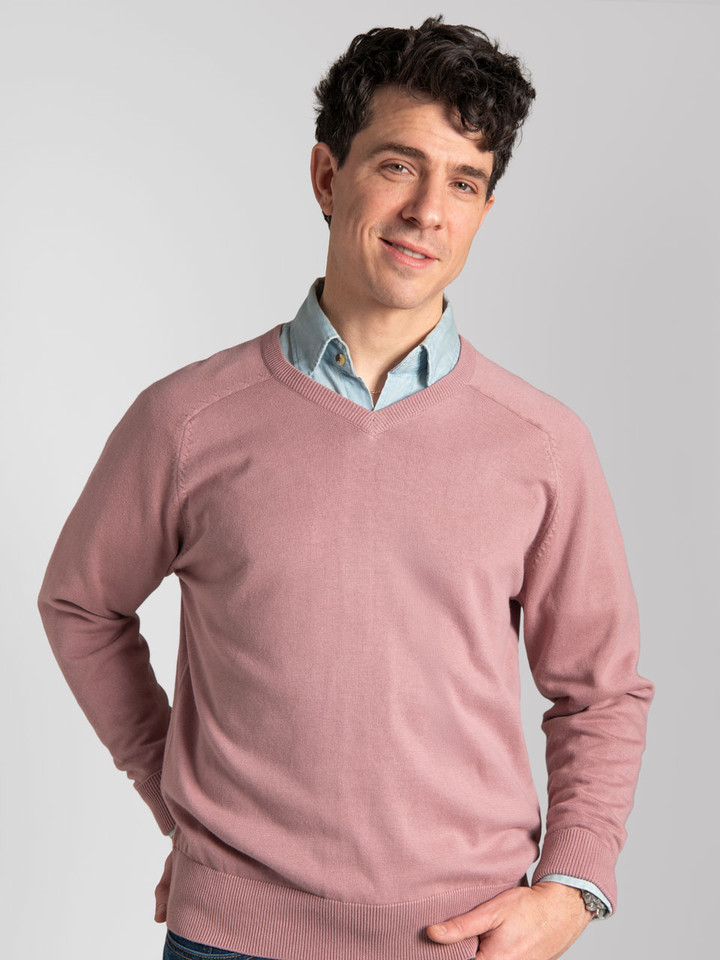 Men's Pink Cotton V Neck Sweater on model