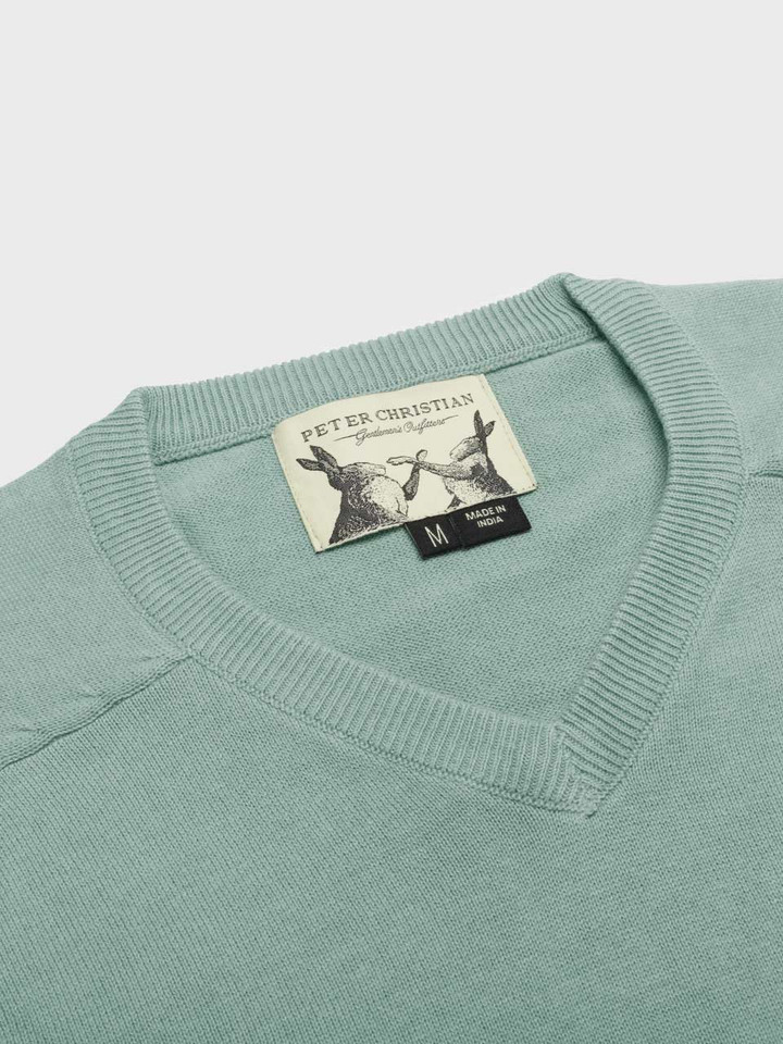 Men's Ocean Green Cotton V Neck Sweater Collar