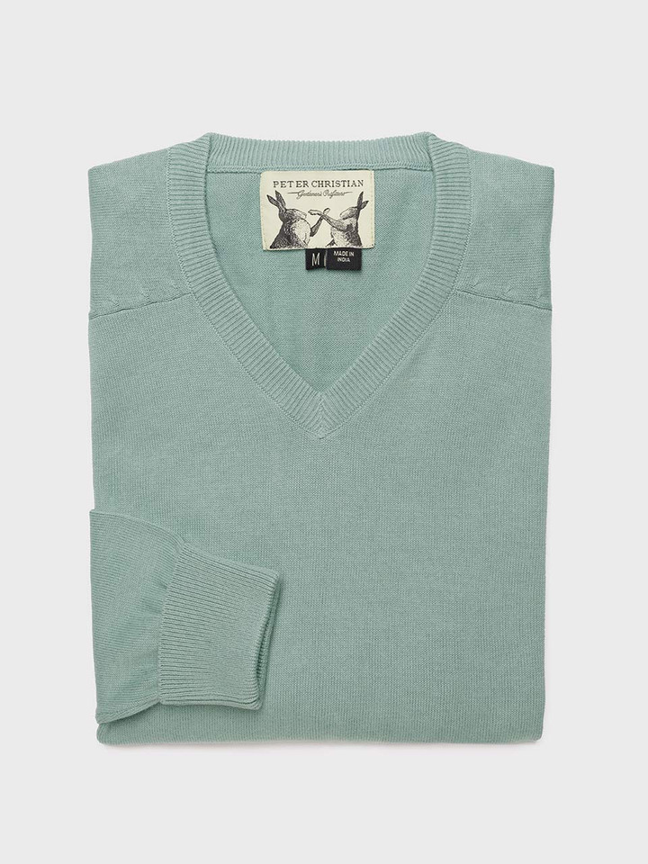 Men's Ocean Green Cotton V Neck Sweater Folded