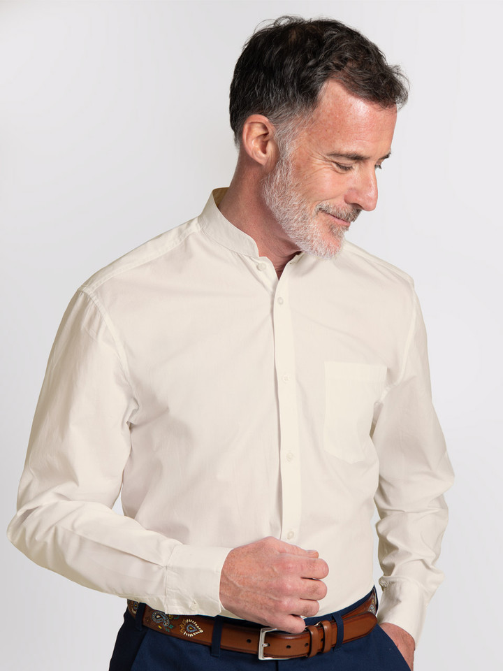Model wears Cream Nehru Collar Cotton Shirt