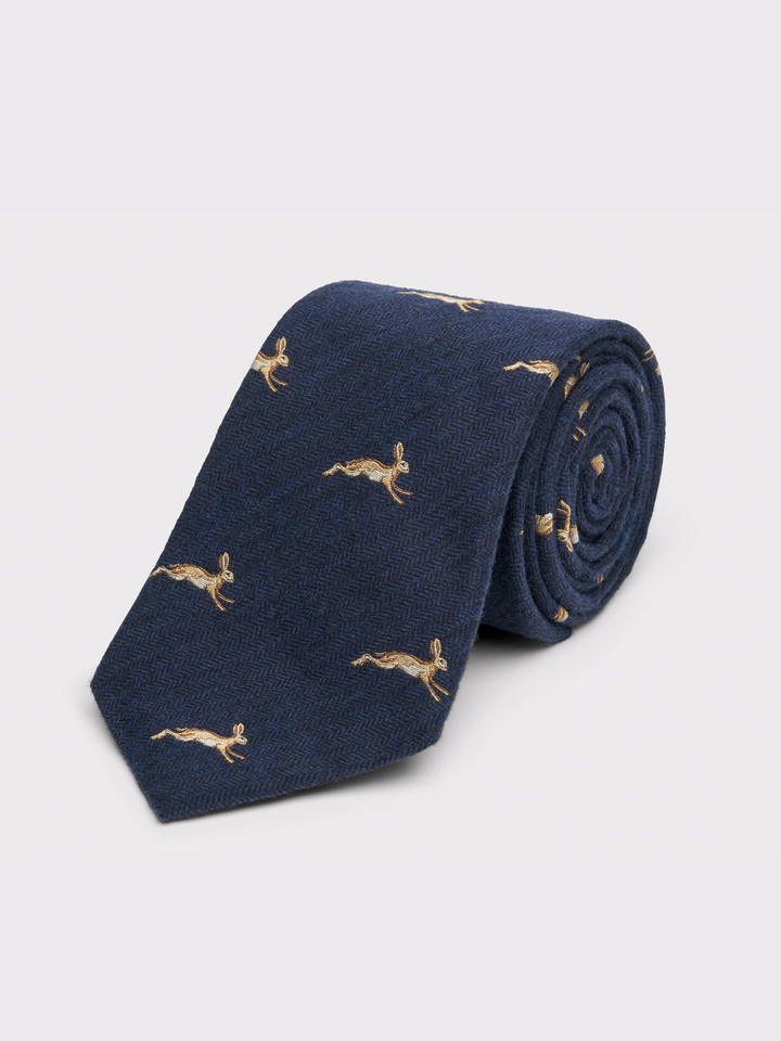 Navy Leaping Hares Tie Rolled