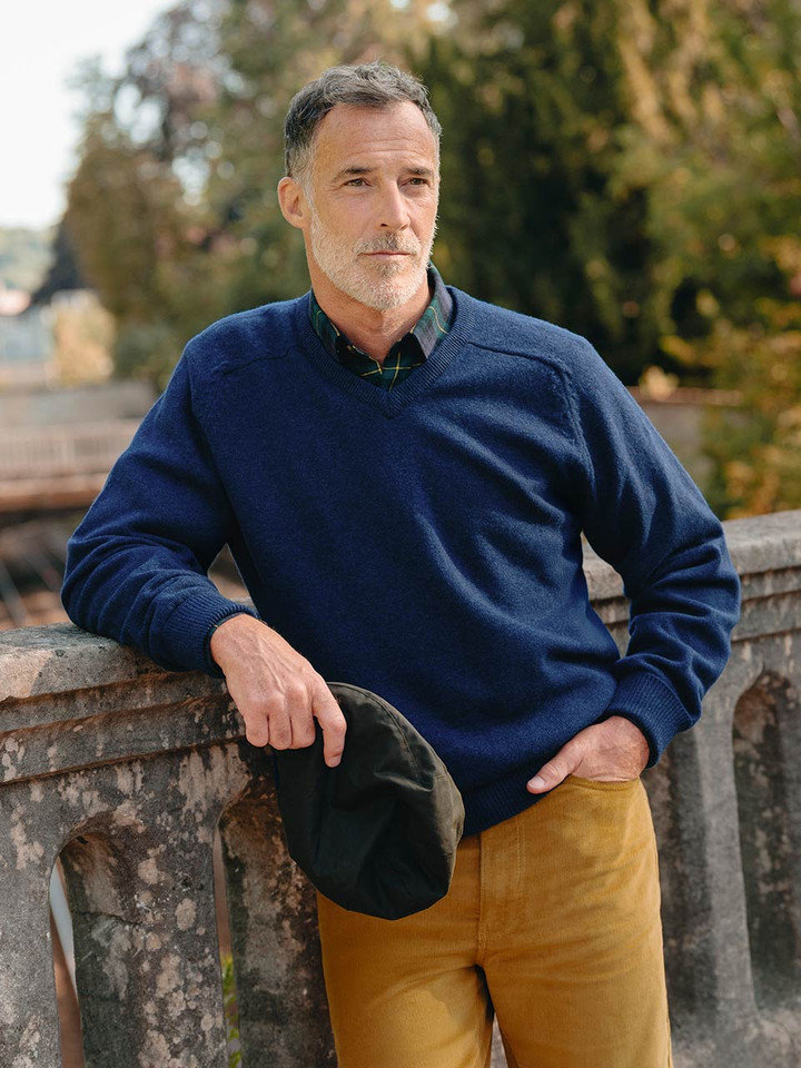 Navy Lambswool V-Neck Sweater Model