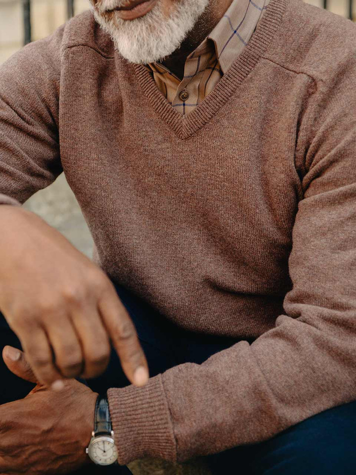 Mens Walnut Brown Lambswool V Neck On Model