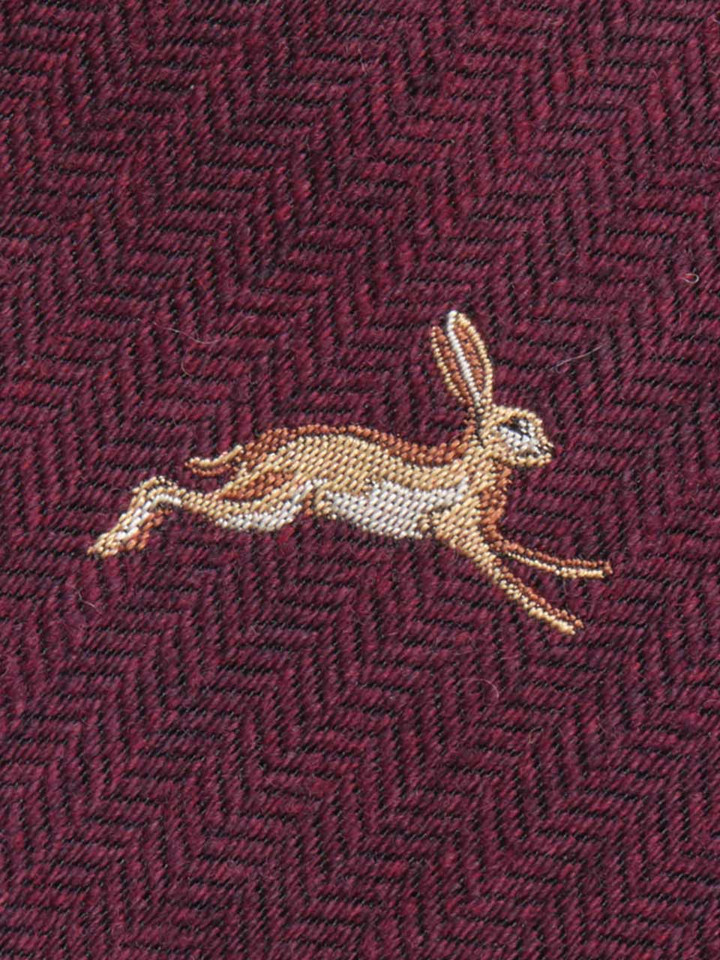Mens Wine Leaping Hare Tie Fabric Closeup