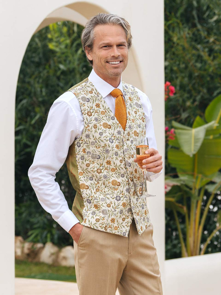 Mens Gold Floral Brocade Vest on Model