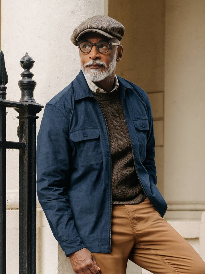 Mens Navy Needle Cord Shacket On Model