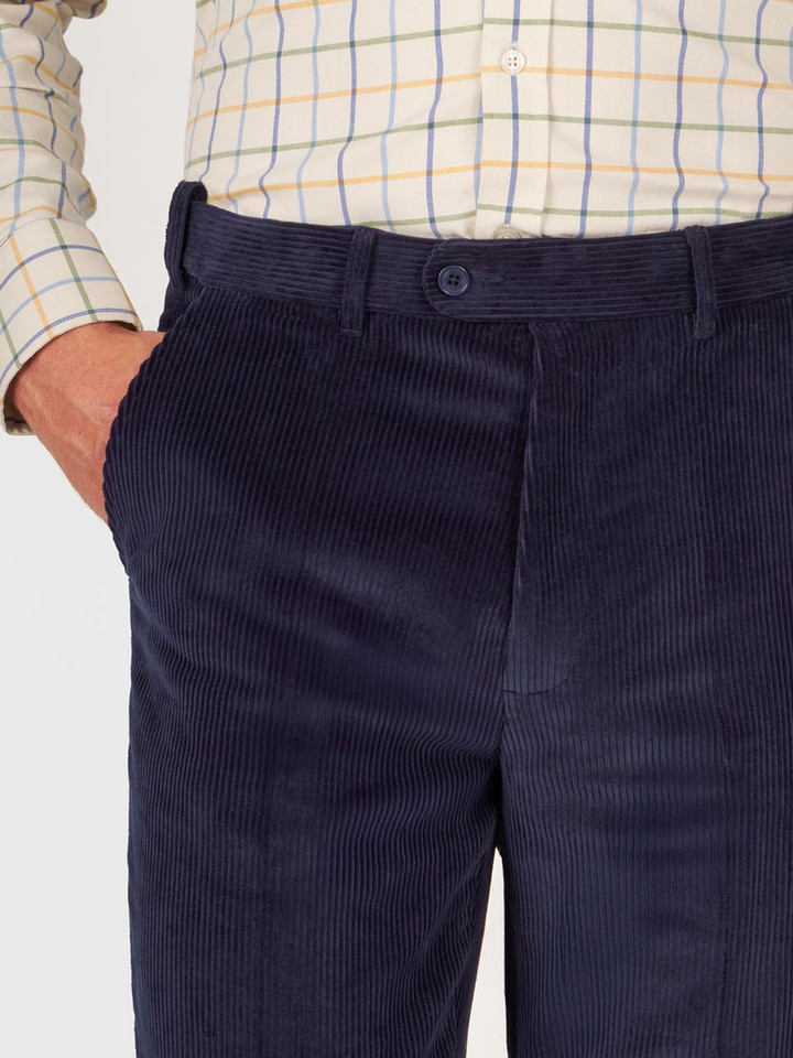 Mens Navy Tapered Corduroy Pants Front Closeup