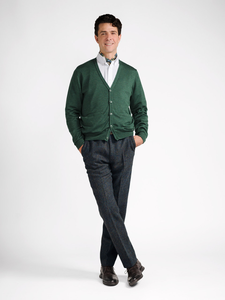 Model wears Pine Merino Cardigan