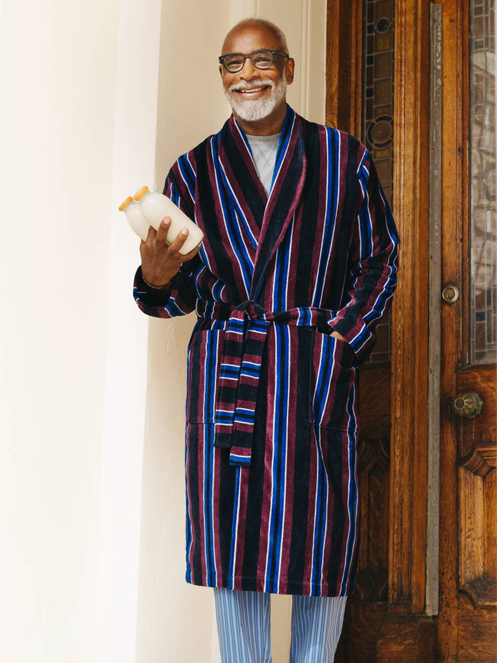 Navy Stripe Towelling Robe Model