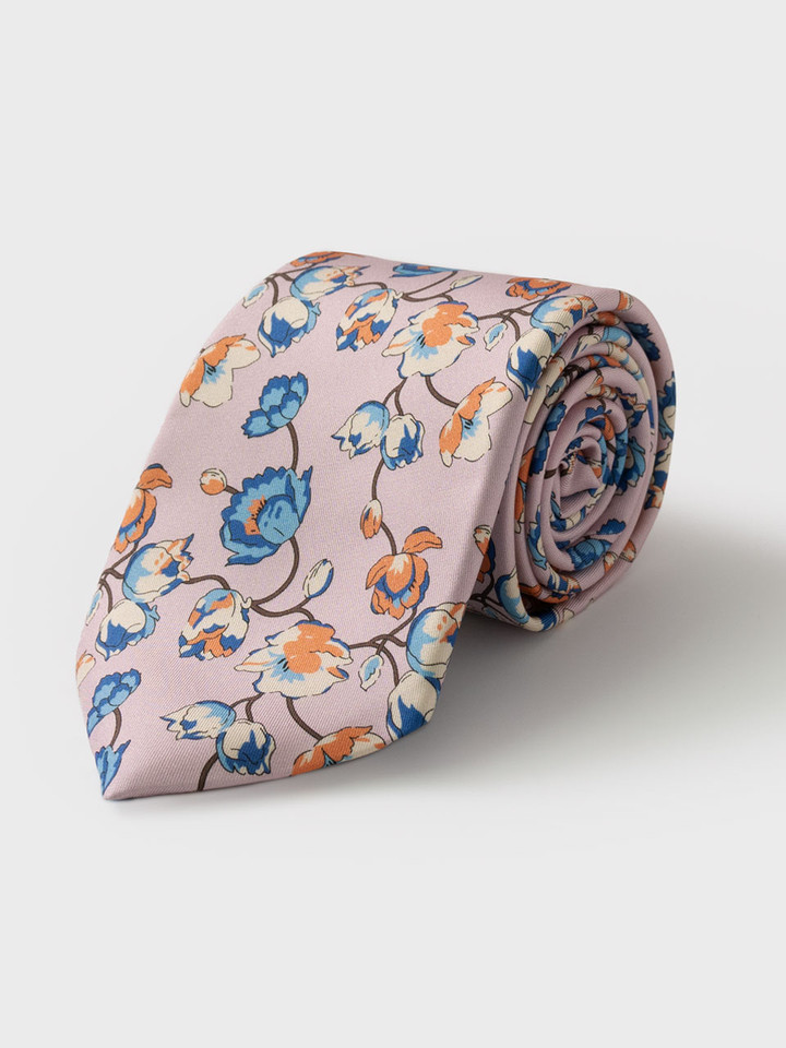 Mens Pink Floral Silk Tie Rolled