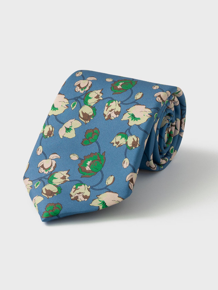 Mens Blue Floral Silk Tie Rolled