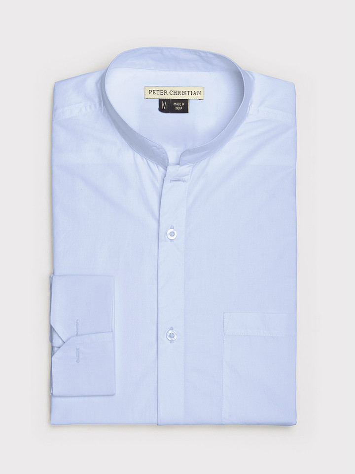 Double Cuff Blue Nehru Collar Shirt