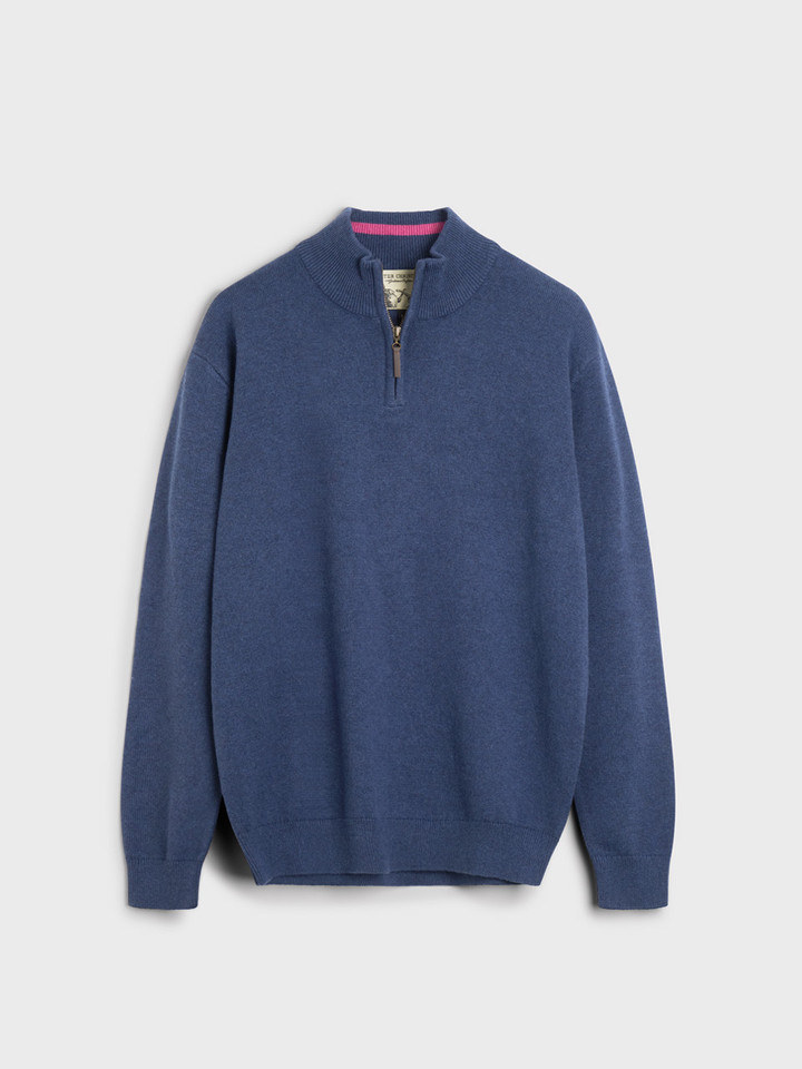 Mens Blue Cotton Quarter Zip Sweater Front Hung