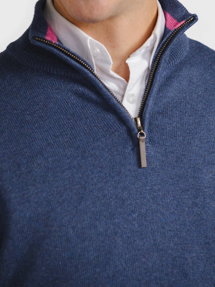 Mens Blue Cotton Quarter Zip Sweater On Model Closeup