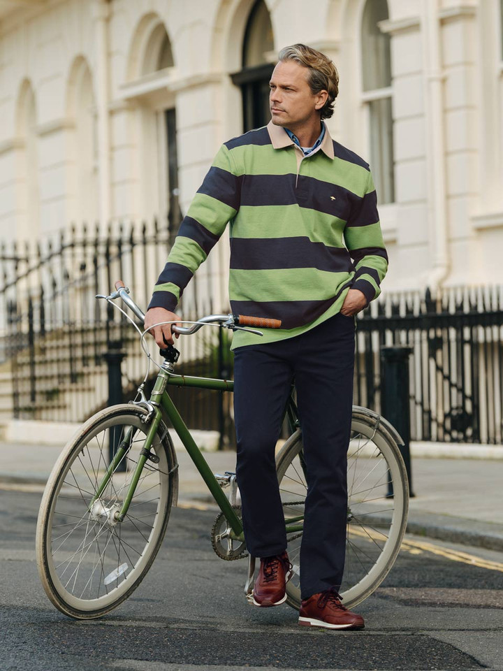 Mens Navy and Mint Green Rugby Shirt on Model