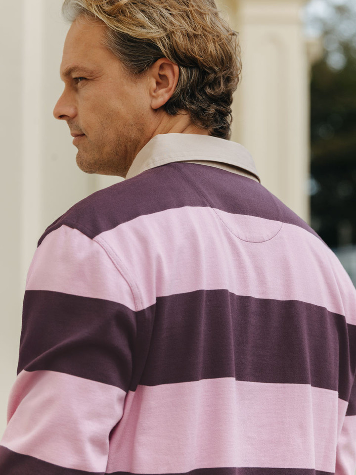 Model Wears Pink Striped Rugby Shirt Back