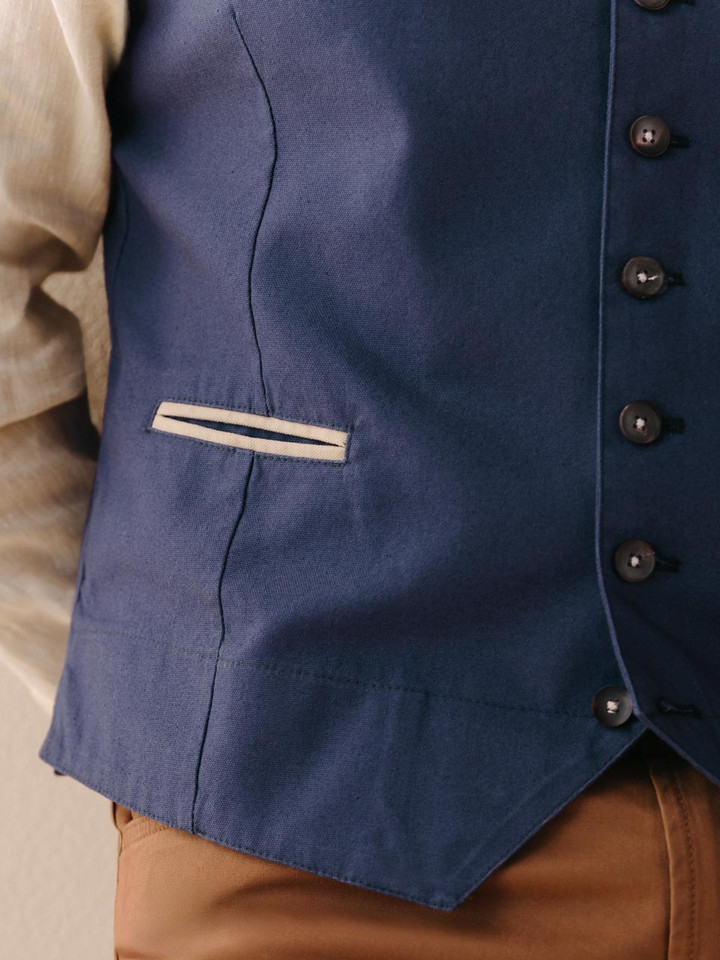 Mens Navy Alpine Vest On Model Pocket Detail