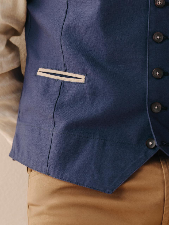 Mens Navy Alpine Vest On Model Pocket Detail