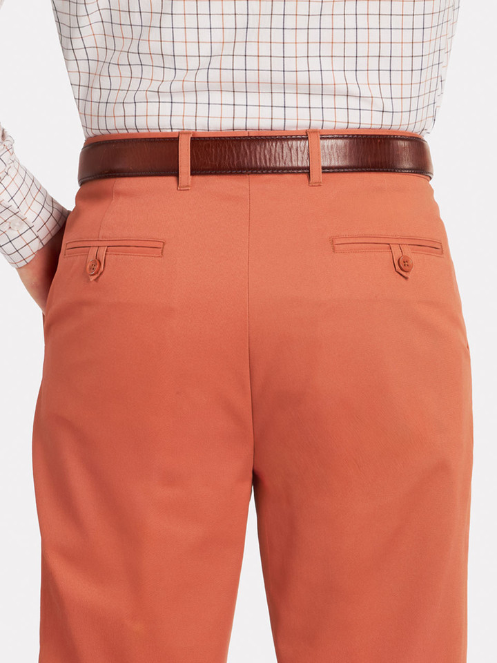 Mens Terracotta Pleated Chino Pants on Model Back Details