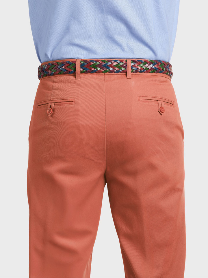 Mens Terracotta Tapered Chinos Back Details on Model
