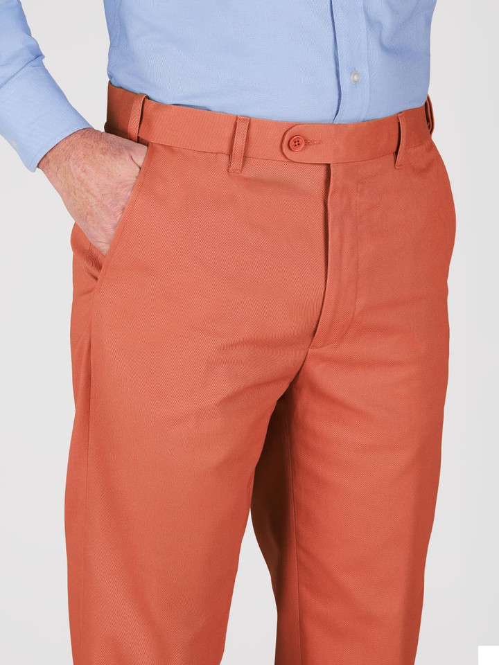 Mens Terracotta Tapered Chinos on Model Front Details