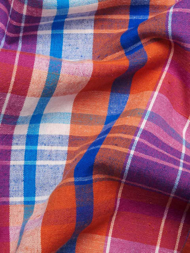 Check Short Sleeve Linen and Cotton Shirt Fabric Closeup