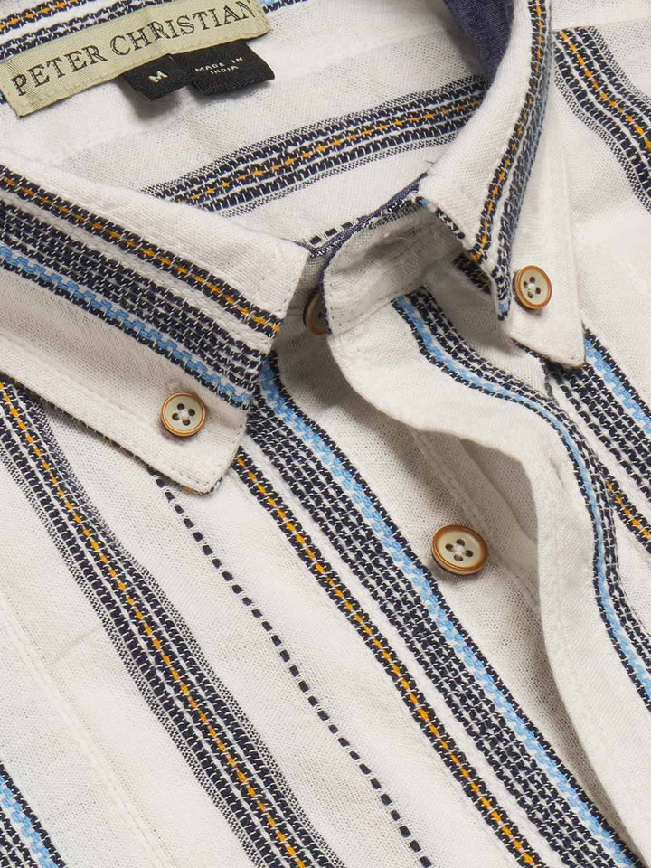 Mens Striped Textured Button Down Shirt Collar Closeup