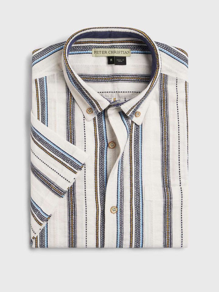 Mens Striped Textured Button Down Shirt Folded