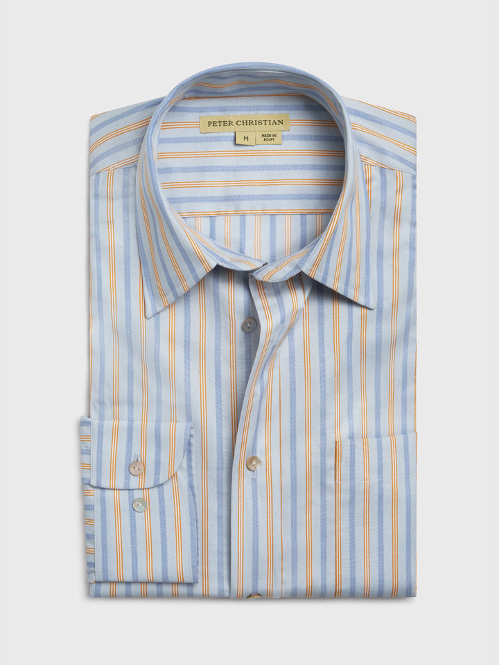 Mens Blue and Gold Egyptian Cotton Long Sleeve Shirt Folded