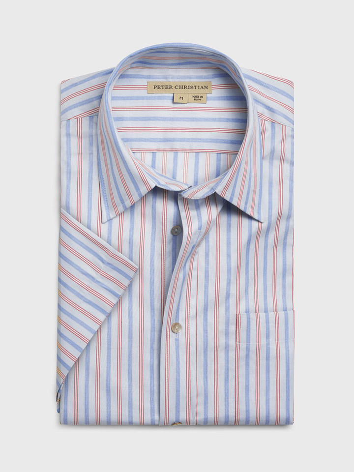 Mens Blue and Claret Egyptian Cotton Short Sleeve Shirt Folded