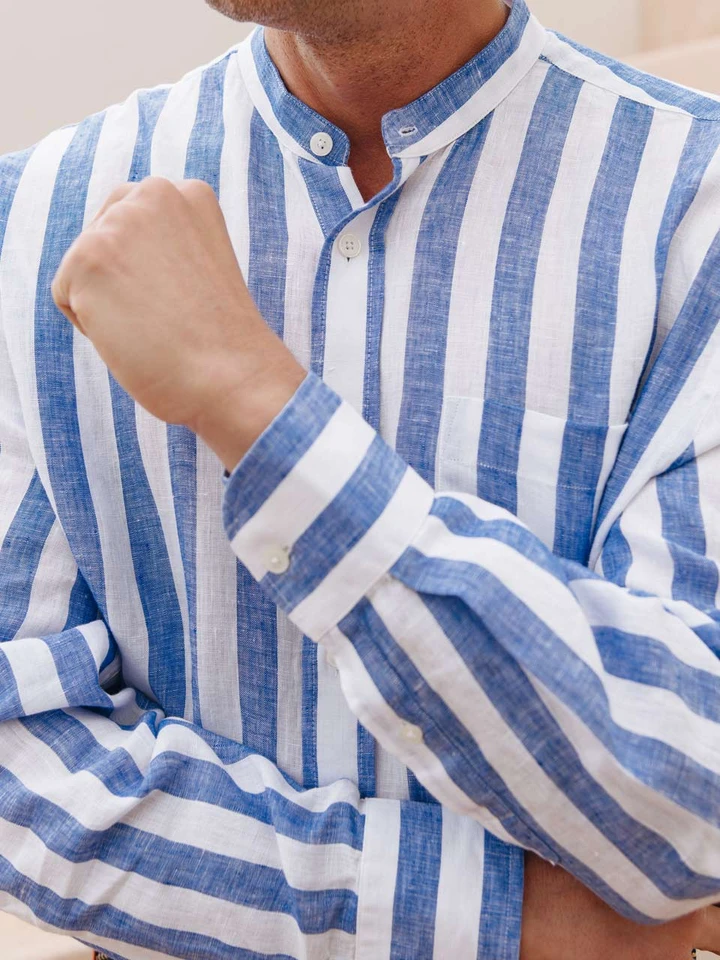 Blue & White Stripe Linen Nehru Shirt