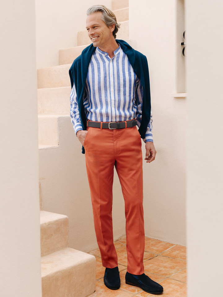 Blue & White Stripe Linen Nehru Shirt