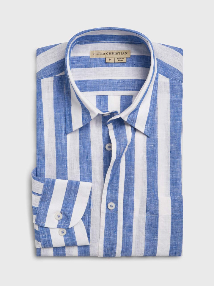 Blue & White Stripe Linen Long Sleeve Shirt