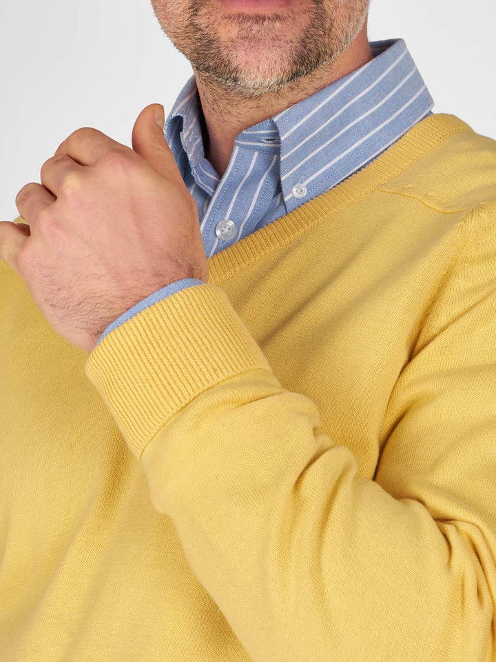 Mens Lemon Yellow Cotton V Neck Sweater Closeup on Model