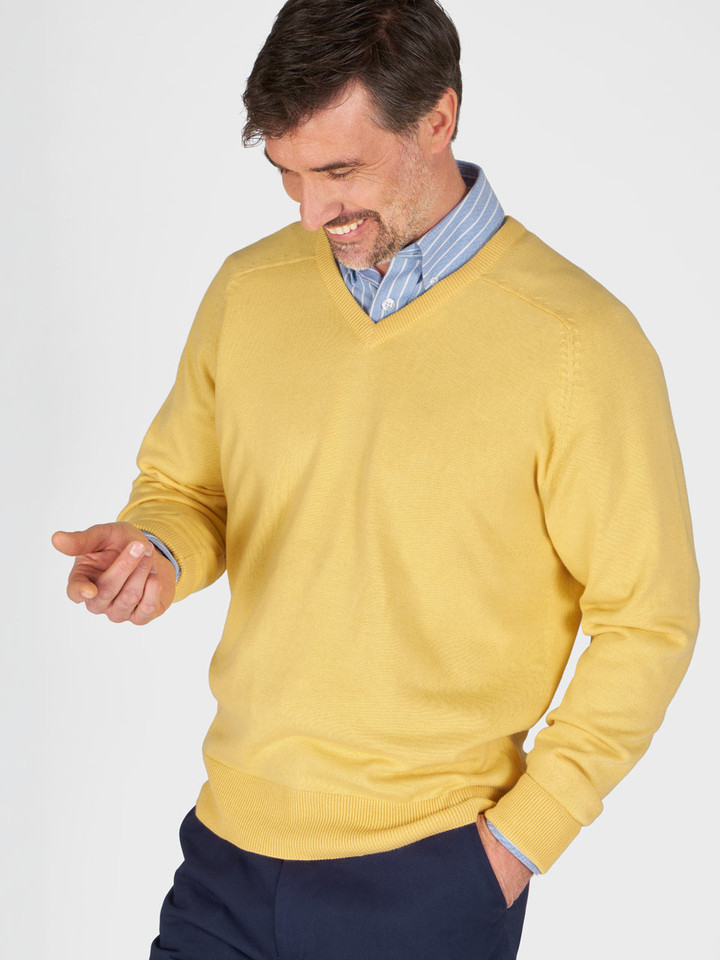 Mens Lemon Yellow Cotton V Neck Sweater on Model