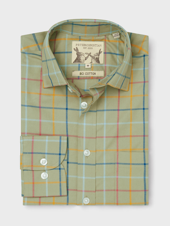 Mens Green Check Colorful Tattersall Cotton Shirt Folded